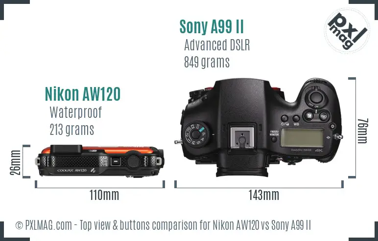 Nikon AW120 vs Sony A99 II top view buttons comparison