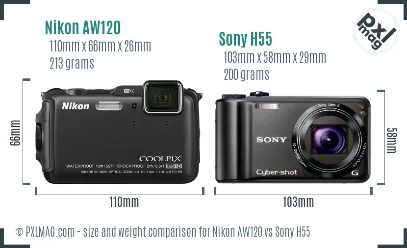 Nikon AW120 vs Sony H55 size comparison