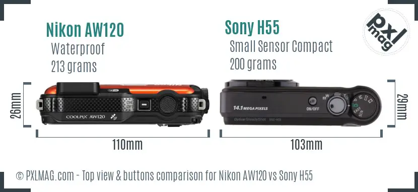 Nikon AW120 vs Sony H55 top view buttons comparison
