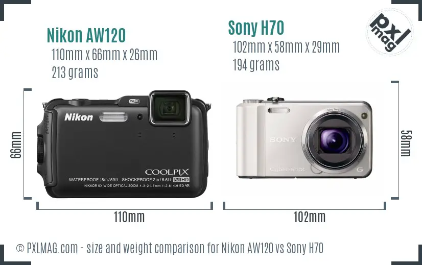Nikon AW120 vs Sony H70 size comparison