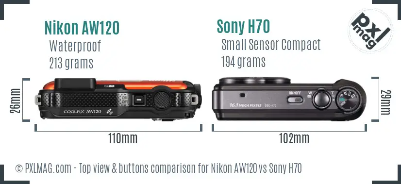 Nikon AW120 vs Sony H70 top view buttons comparison