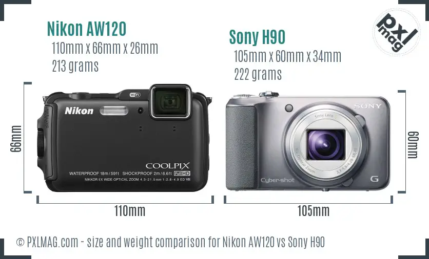 Nikon AW120 vs Sony H90 size comparison Nikon AW120 vs Sony H90 size comparison