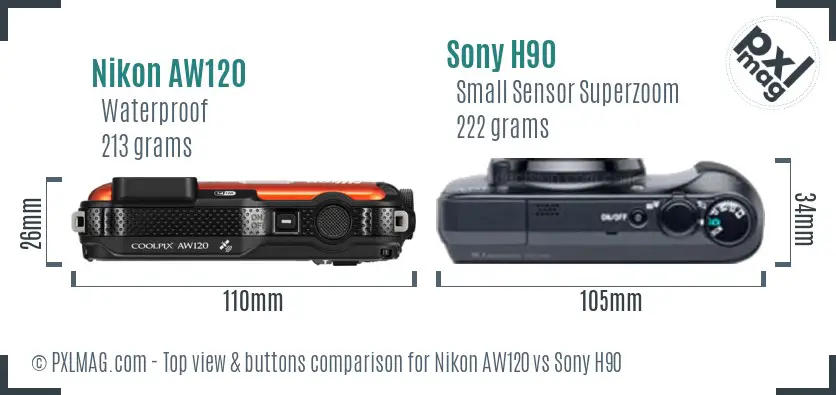 Nikon AW120 vs Sony H90 top view buttons comparison Nikon AW120 vs Sony H90 top view buttons comparison