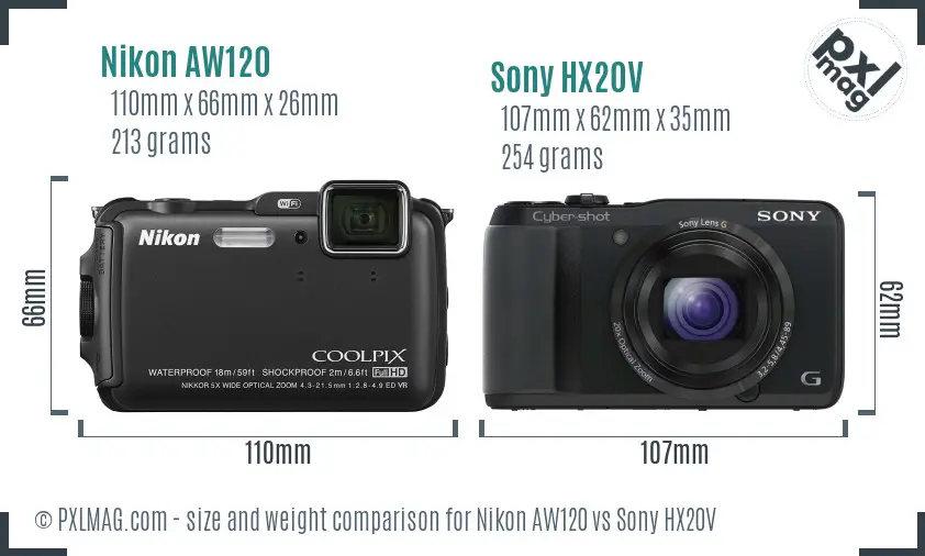 Nikon AW120 vs Sony HX20V size comparison