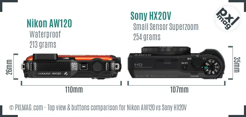 Nikon AW120 vs Sony HX20V top view buttons comparison