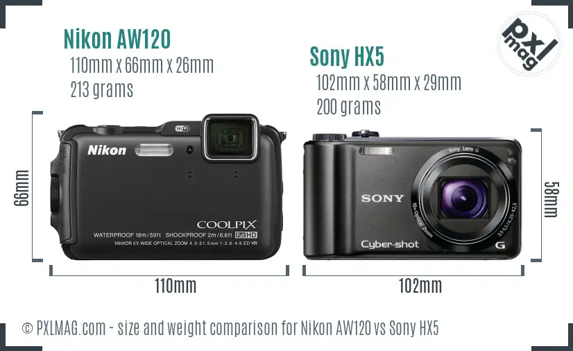 Nikon AW120 vs Sony HX5 size comparison