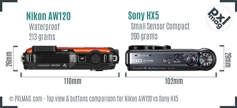 Nikon AW120 vs Sony HX5 top view buttons comparison