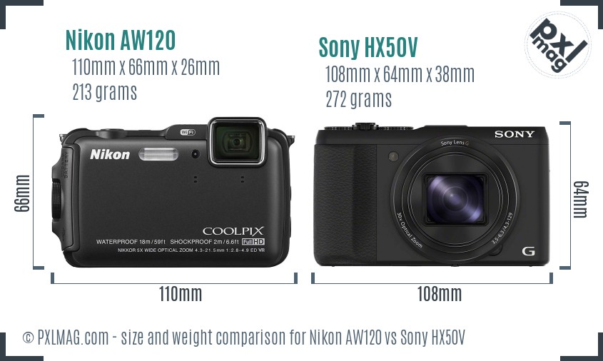 Nikon AW120 vs Sony HX50V size comparison