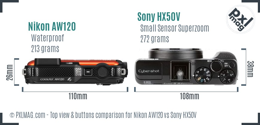 Nikon AW120 vs Sony HX50V top view buttons comparison
