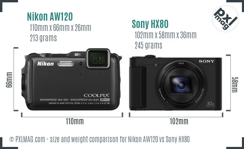 Nikon AW120 vs Sony HX80 size comparison