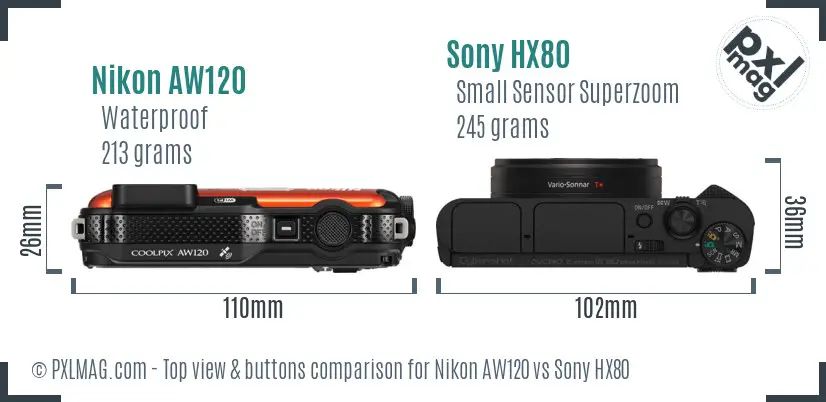 Nikon AW120 vs Sony HX80 top view buttons comparison