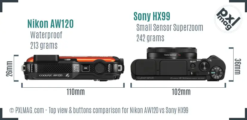 Nikon AW120 vs Sony HX99 top view buttons comparison