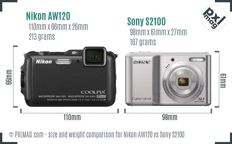 Nikon AW120 vs Sony S2100 size comparison Nikon AW120 vs Sony S2100 size comparison