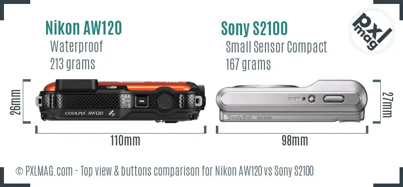 Nikon AW120 vs Sony S2100 top view buttons comparison Nikon AW120 vs Sony S2100 top view buttons comparison