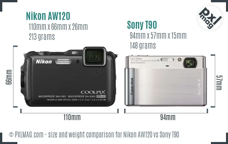 Nikon AW120 vs Sony T90 size comparison