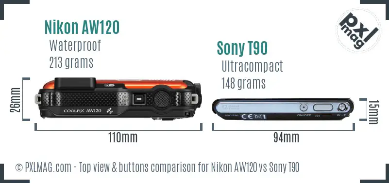 Nikon AW120 vs Sony T90 top view buttons comparison