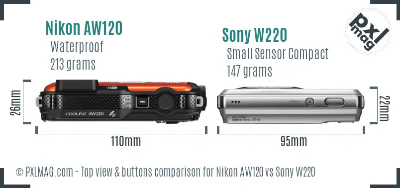 Nikon AW120 vs Sony W220 top view buttons comparison Nikon AW120 vs Sony W220 top view buttons comparison