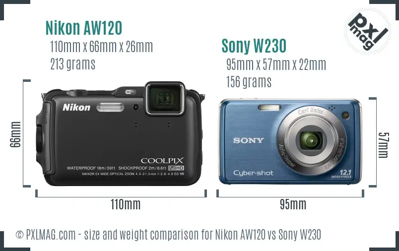 Nikon AW120 vs Sony W230 size comparison