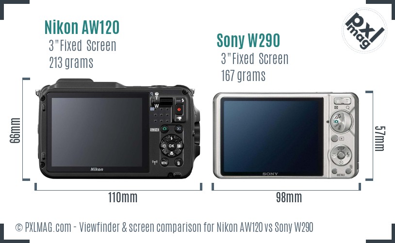Nikon AW120 vs Sony W290 Screen and Viewfinder comparison