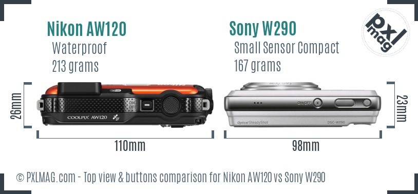 Nikon AW120 vs Sony W290 top view buttons comparison