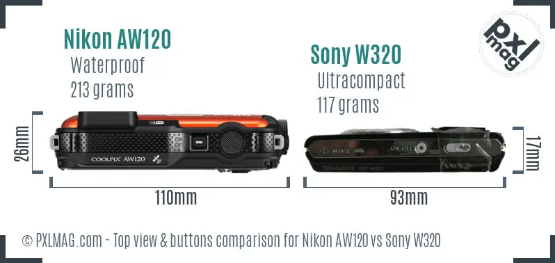 Nikon AW120 vs Sony W320 top view buttons comparison