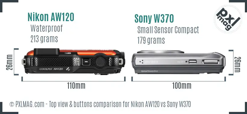 Nikon AW120 vs Sony W370 top view buttons comparison Nikon AW120 vs Sony W370 top view buttons comparison
