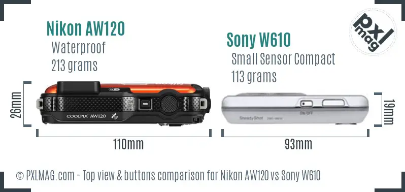 Nikon AW120 vs Sony W610 top view buttons comparison Nikon AW120 vs Sony W610 top view buttons comparison