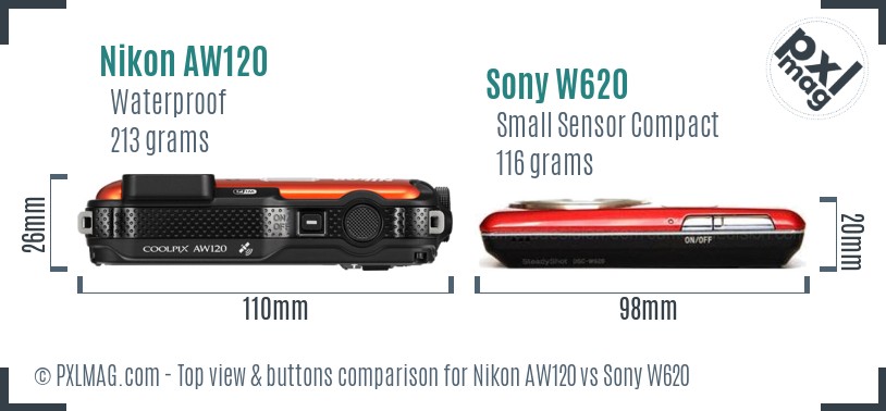 Nikon AW120 vs Sony W620 top view buttons comparison