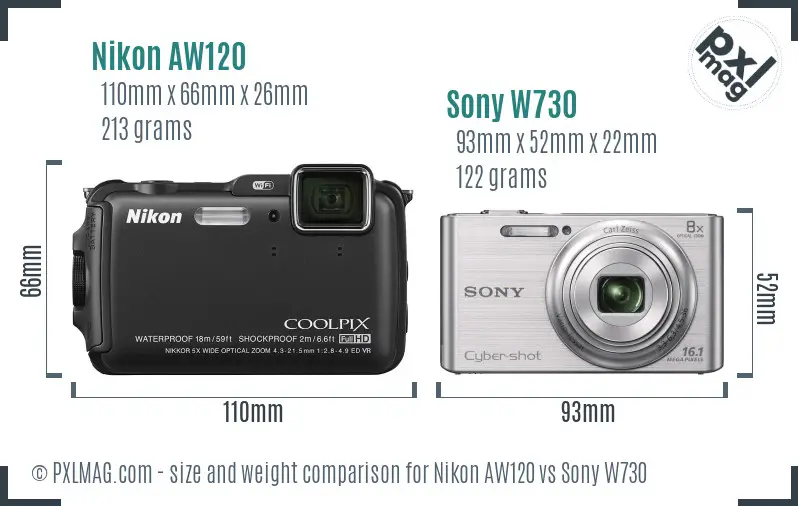 Nikon AW120 vs Sony W730 size comparison