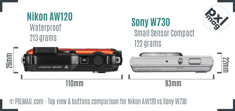 Nikon AW120 vs Sony W730 top view buttons comparison