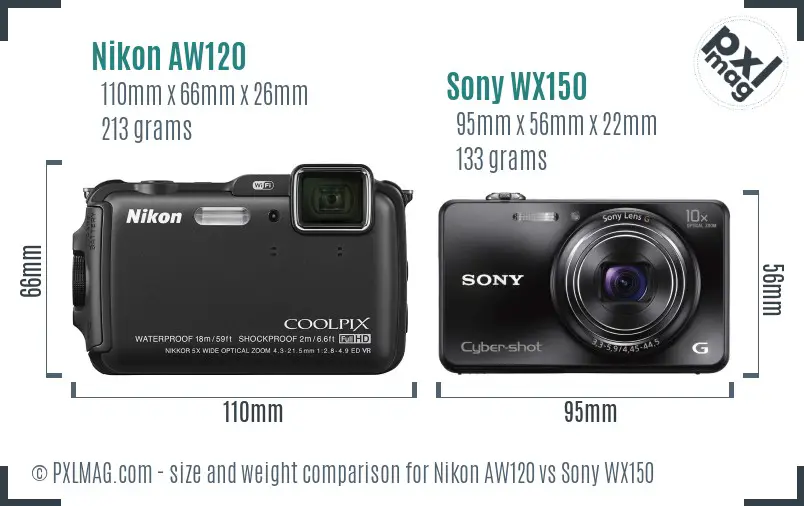 Nikon AW120 vs Sony WX150 size comparison