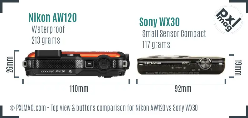 Nikon AW120 vs Sony WX30 top view buttons comparison Nikon AW120 vs Sony WX30 top view buttons comparison