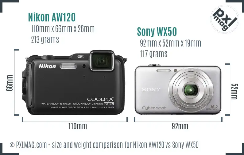 Nikon AW120 vs Sony WX50 size comparison