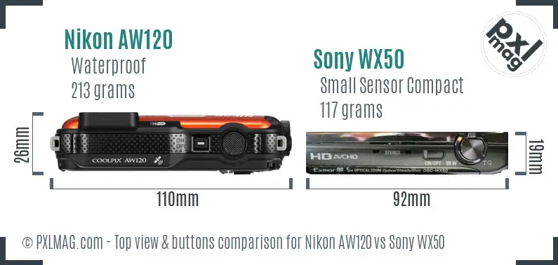 Nikon AW120 vs Sony WX50 top view buttons comparison