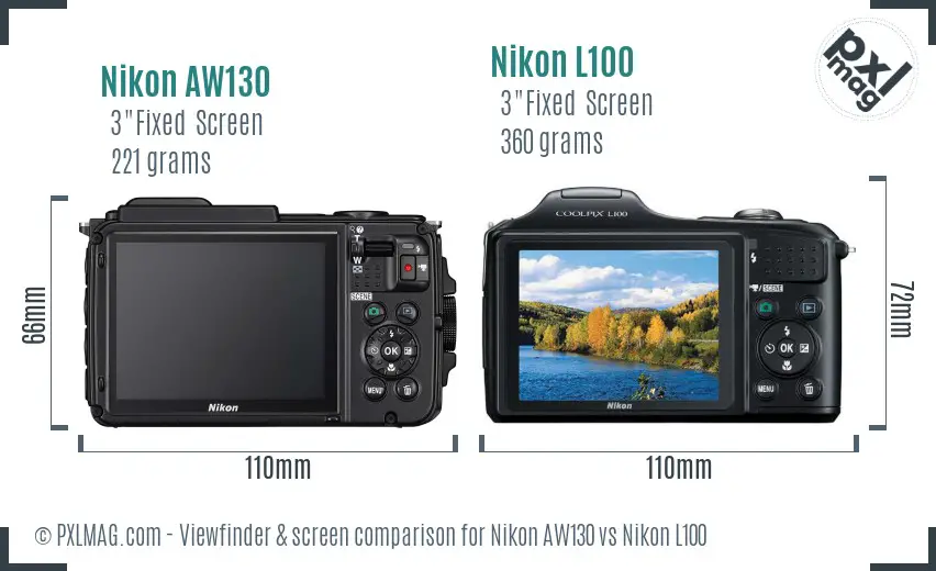 Nikon AW130 vs Nikon L100 Screen and Viewfinder comparison