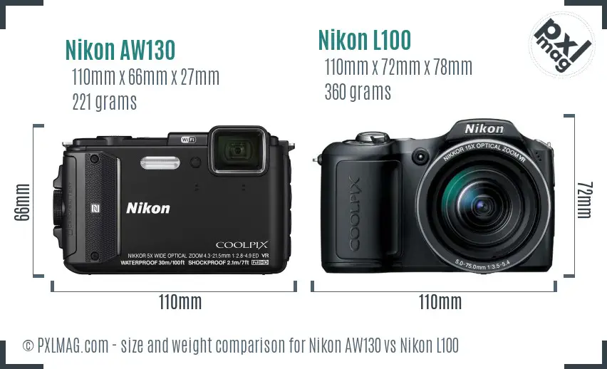 Nikon AW130 vs Nikon L100 size comparison