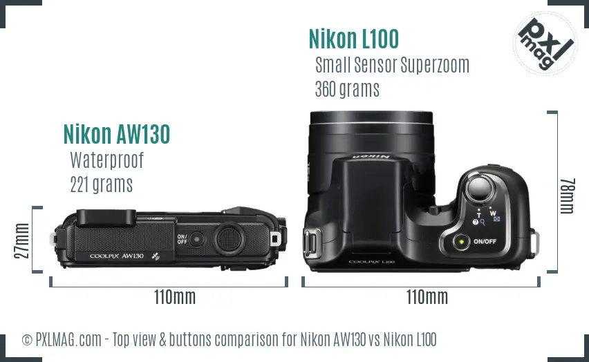 Nikon AW130 vs Nikon L100 top view buttons comparison