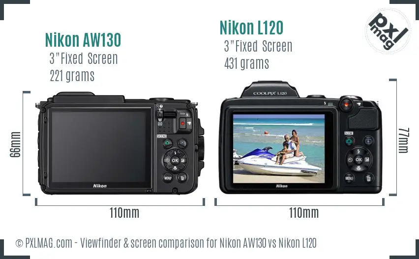 Nikon AW130 vs Nikon L120 Screen and Viewfinder comparison