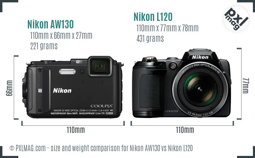 Nikon AW130 vs Nikon L120 size comparison