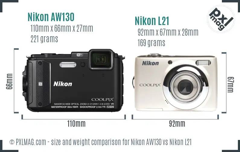 Nikon AW130 vs Nikon L21 size comparison