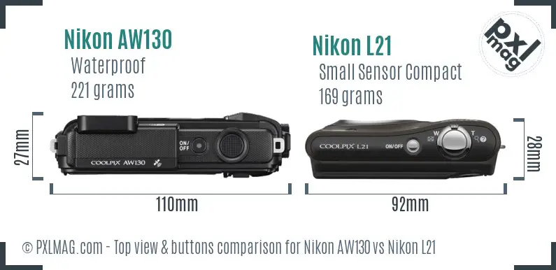 Nikon AW130 vs Nikon L21 top view buttons comparison