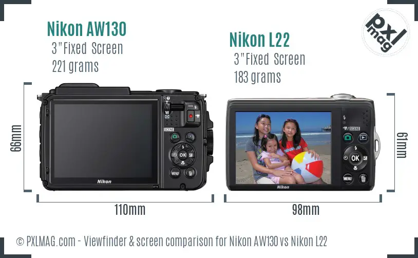 Nikon AW130 vs Nikon L22 Screen and Viewfinder comparison
