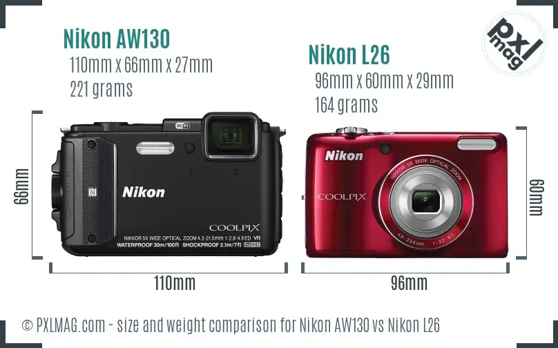 Nikon AW130 vs Nikon L26 size comparison