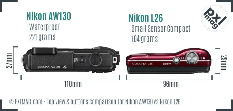 Nikon AW130 vs Nikon L26 top view buttons comparison