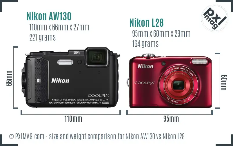 Nikon AW130 vs Nikon L28 size comparison