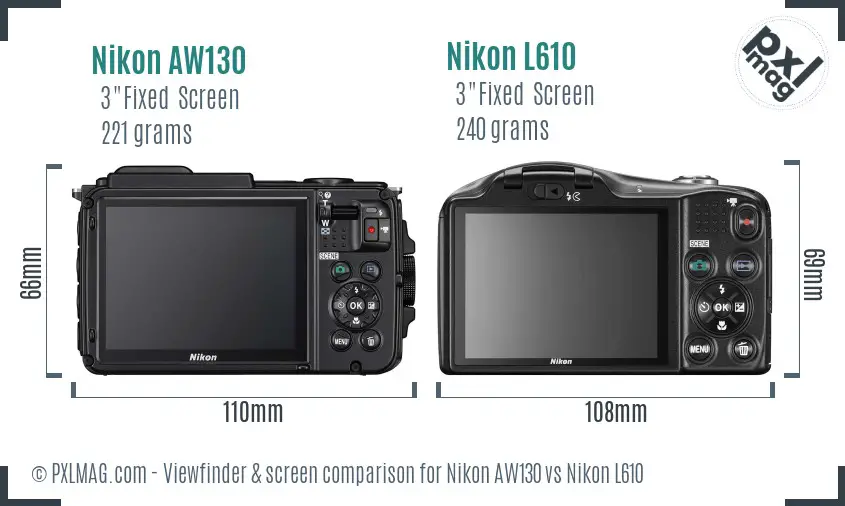 Nikon AW130 vs Nikon L610 Screen and Viewfinder comparison