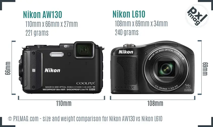 Nikon AW130 vs Nikon L610 size comparison