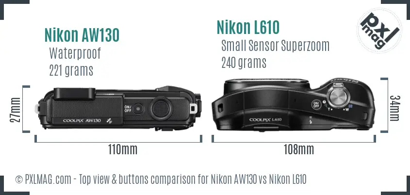 Nikon AW130 vs Nikon L610 top view buttons comparison