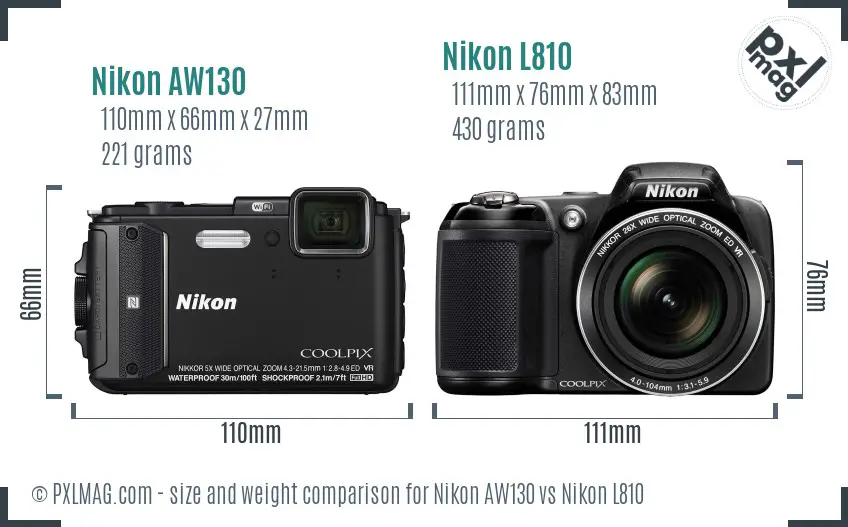 Nikon AW130 vs Nikon L810 size comparison