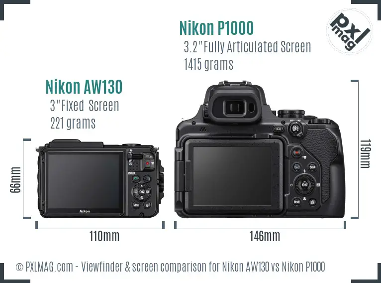 Nikon AW130 vs Nikon P1000 Screen and Viewfinder comparison